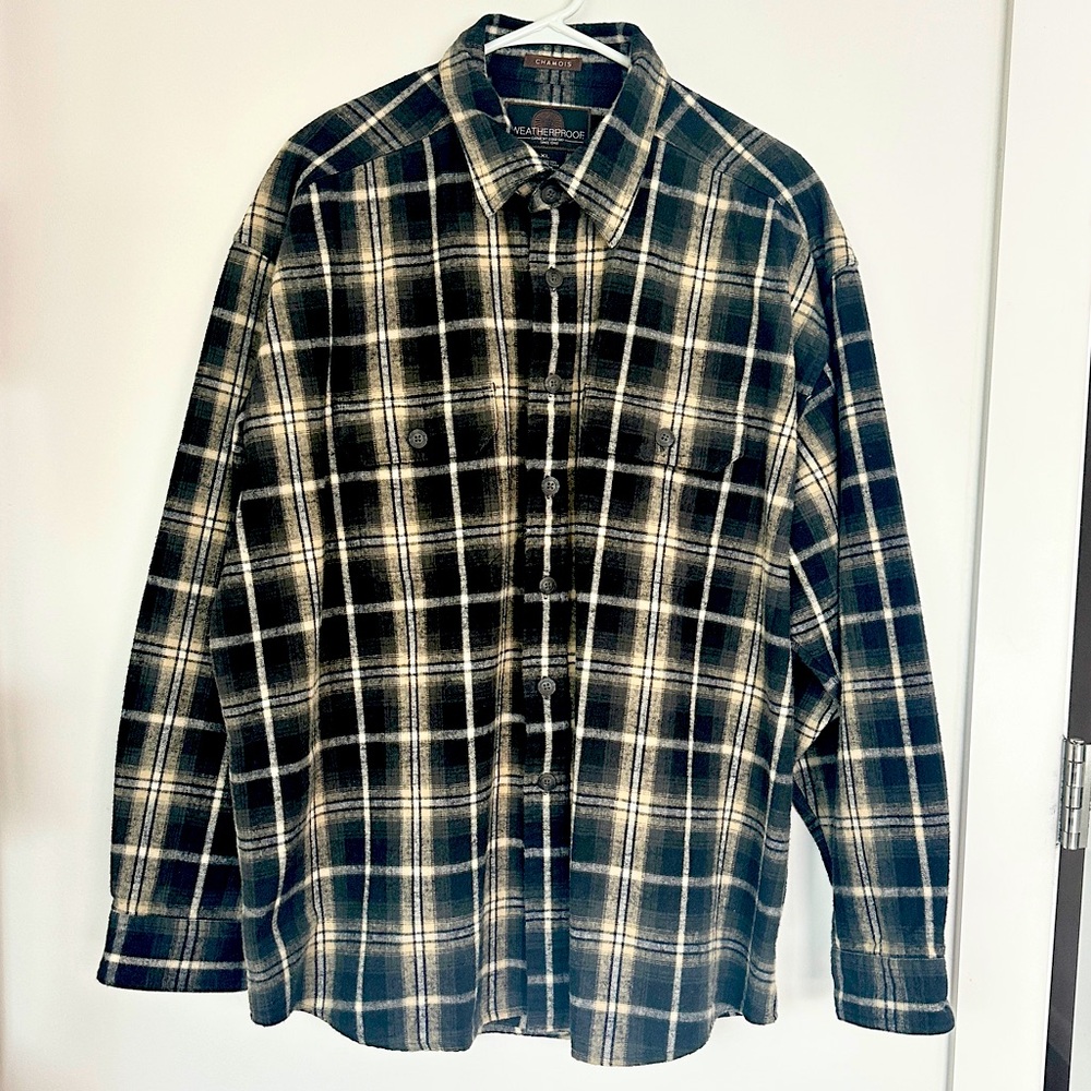Weatherproof garment company XL 100% cotton Chamois plaid black tan button down